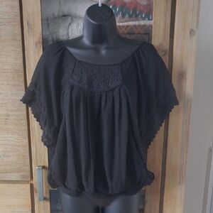 Free People Black Boho Crochet Yoke Peasant Top